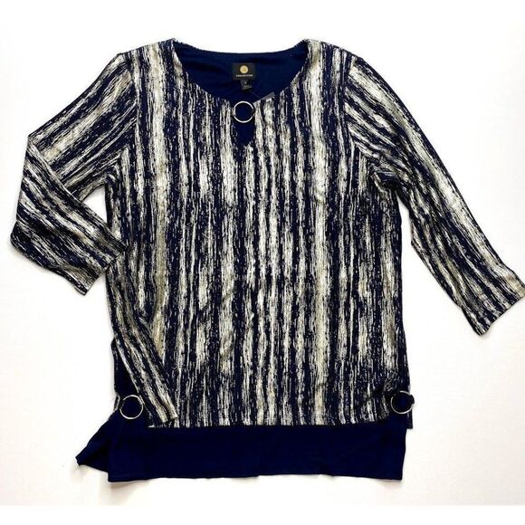 JM‎ Collection Blouse Top Medium Blue Gold Women's Metallic Sparkle NEW - Picture 3 of 8